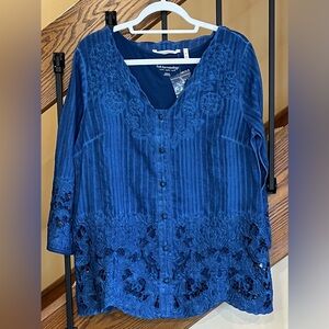 Soft Surroundings Esme 2pc Eyelet Long Sleeve Blouse  & Tank/Blue:SZ. Med. NWOT